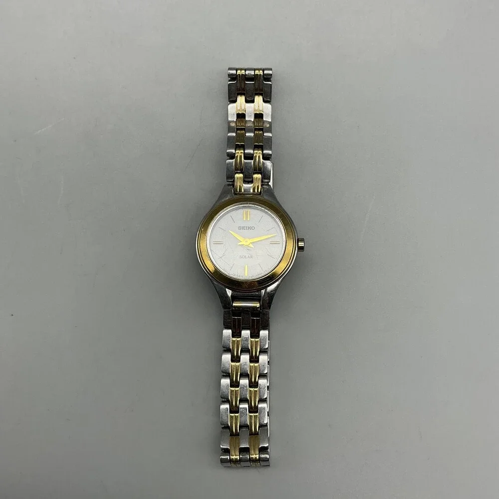 Seiko Solar Womens Watch 22mm Two Tone V115-0AX0 White Dial Stainless 7